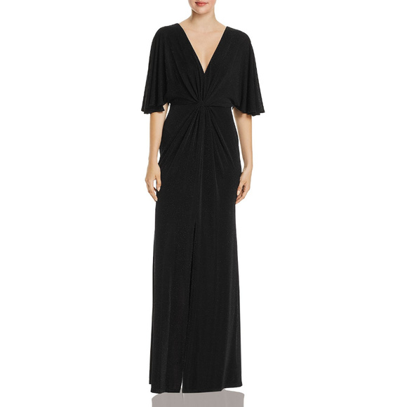 Aqua Long V Neck Metallic Knit Gown 